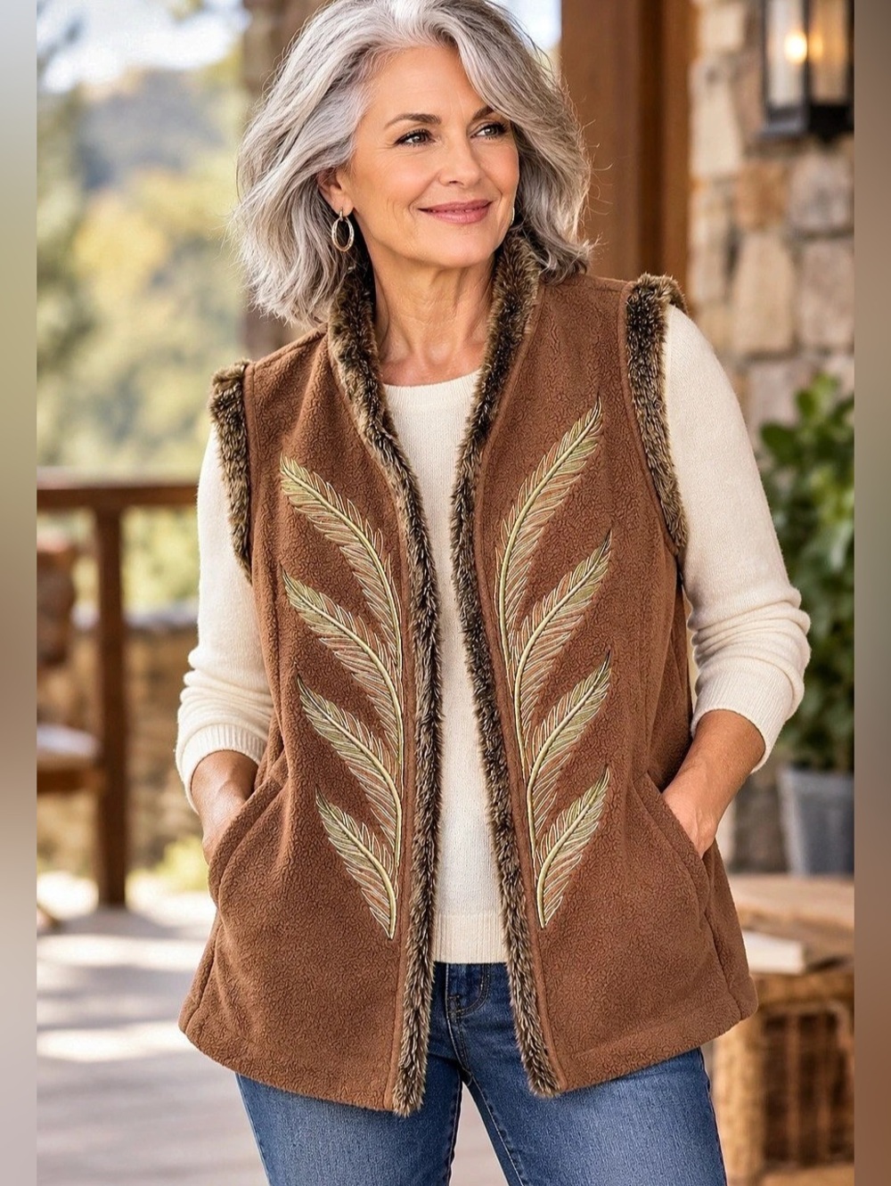 Bob Mackie Wearable Art Brown Embroidered Feather Faux Fur Vest L Southwestern